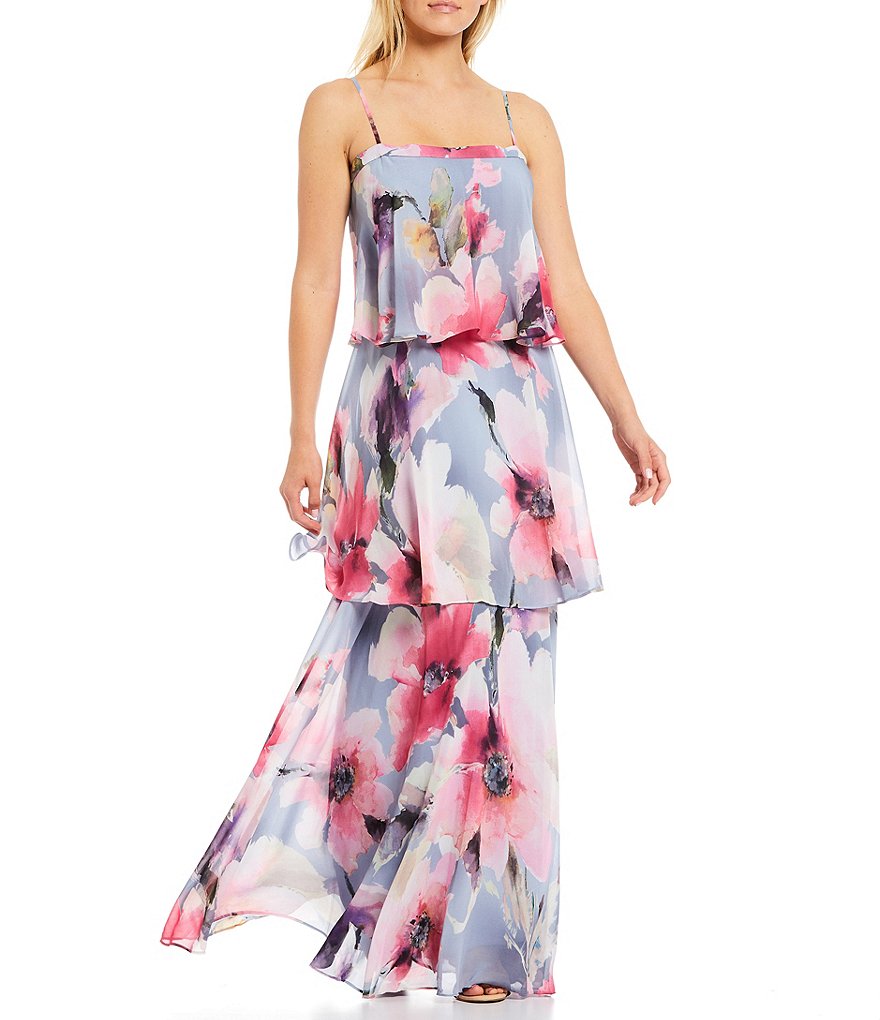Aidan Aidan Mattox Floral Tiered Square Neck Chiffon Gown