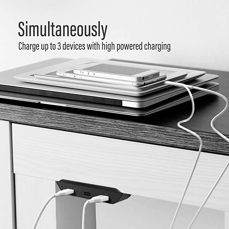 3 Port USB Desktop Charger (Edge Mounted) PowerRail Charging Station Compatible with All Phones and Tablets - 24W Power Hub Adapter (Designed for Desks, Tables and Nightstands)