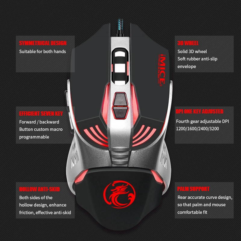 IMICE Professional Game Wired Mouse 3200DPI Optical Macro Programmable 7 Buttons Gaming Mouse Gamer LED Backlight Breath Computer Mice
