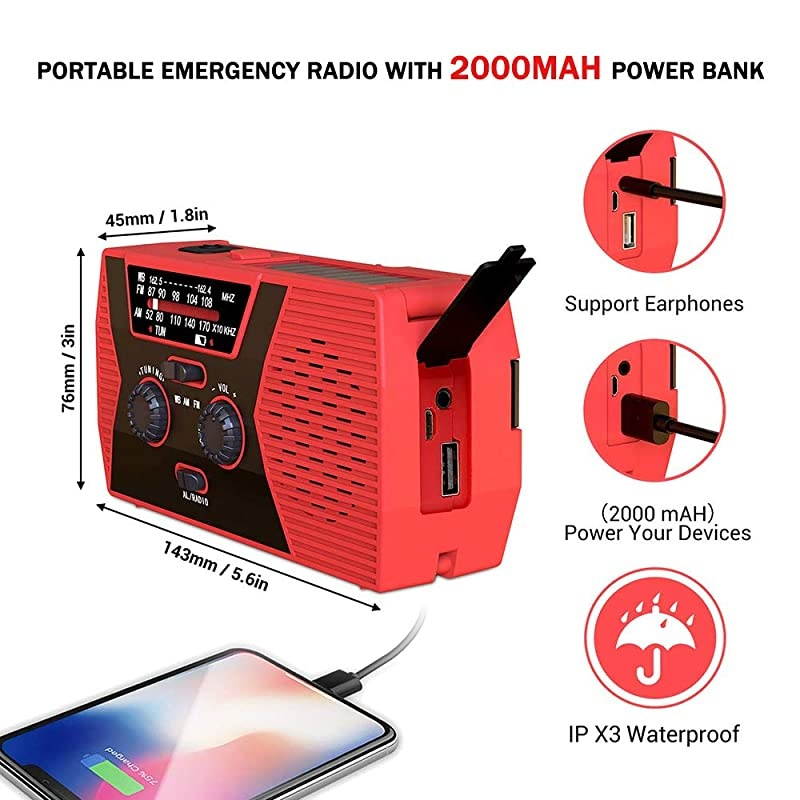 2020 Premium Version EmergencySolarHandCrankRadio Portable NOAA Weather Radios with AMFM AlarmReading Lamp2000mAh Power BankRed