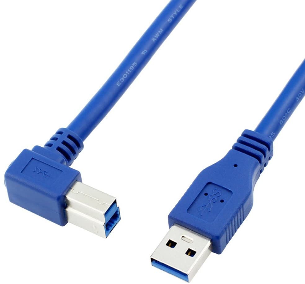USB 3.0 Cable - Type A-Male to Right Angle Type B-Male Printer Scanner Cord - 2 Feet (0.6 Meters) - Round Blue