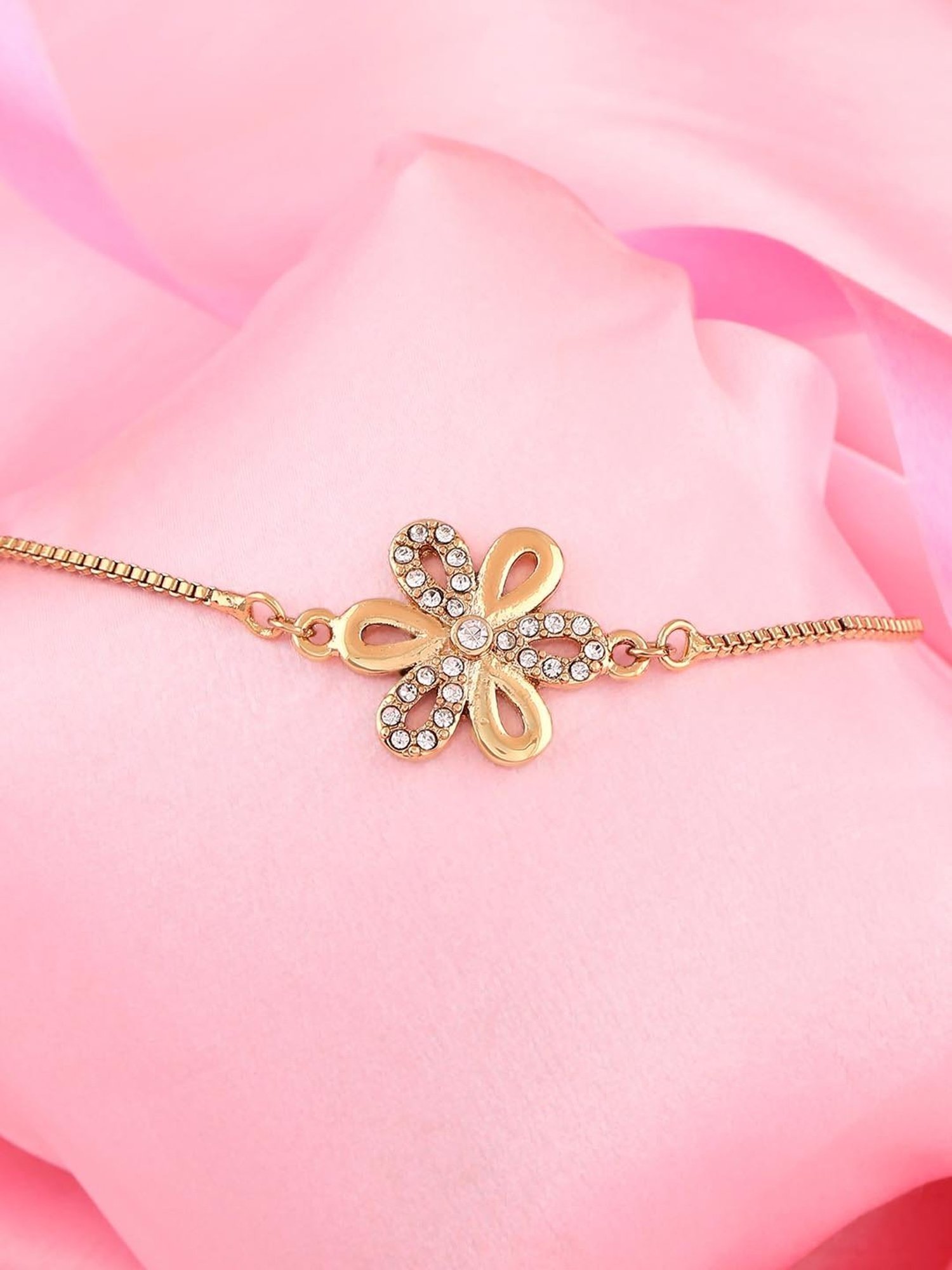 Estele Gold-Plated Flower with Crystals Chain Bracelet for Women