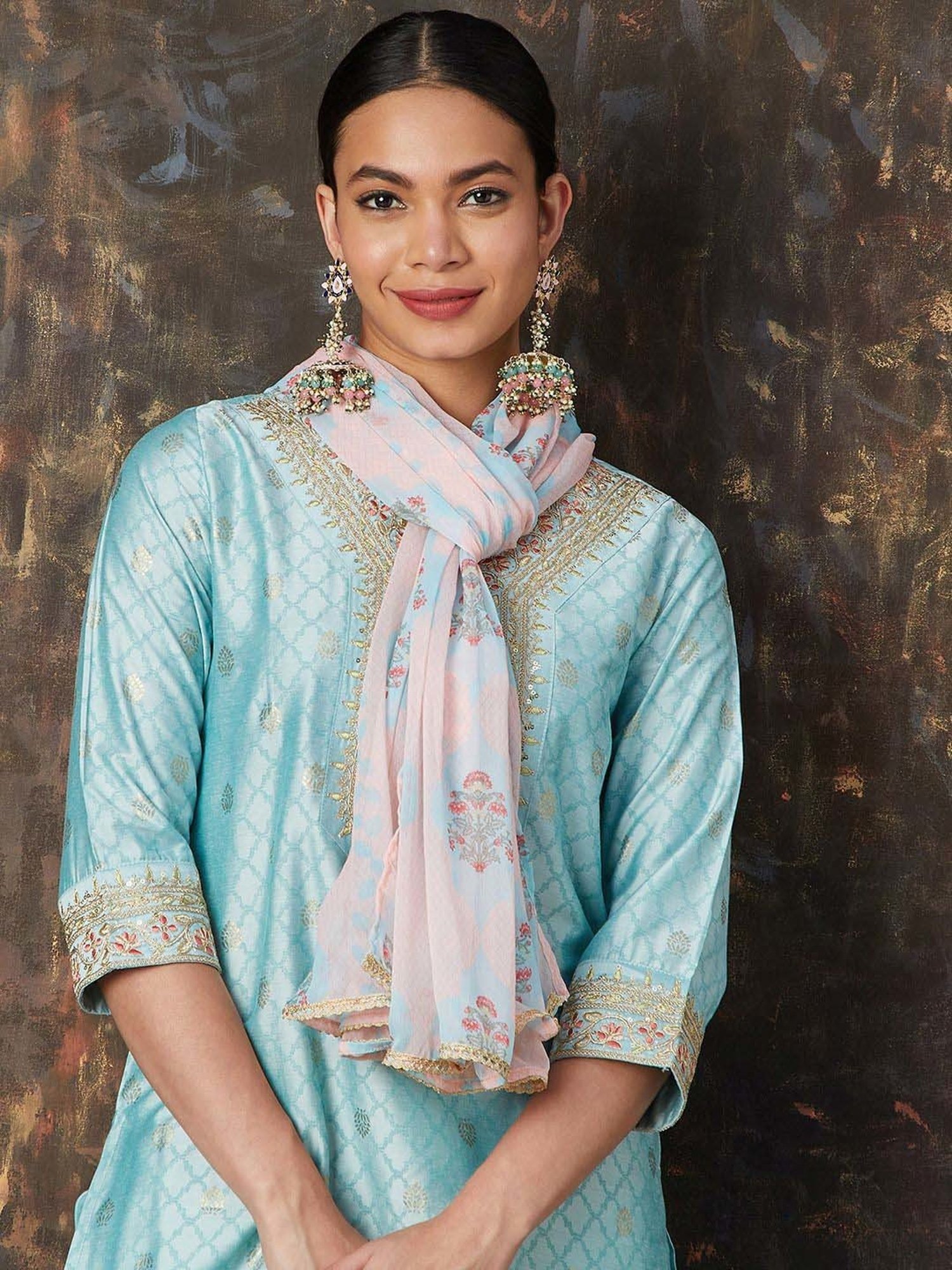 Melange by Lifestyle Blue Embroidered Kurta Pant Set With Dupatta