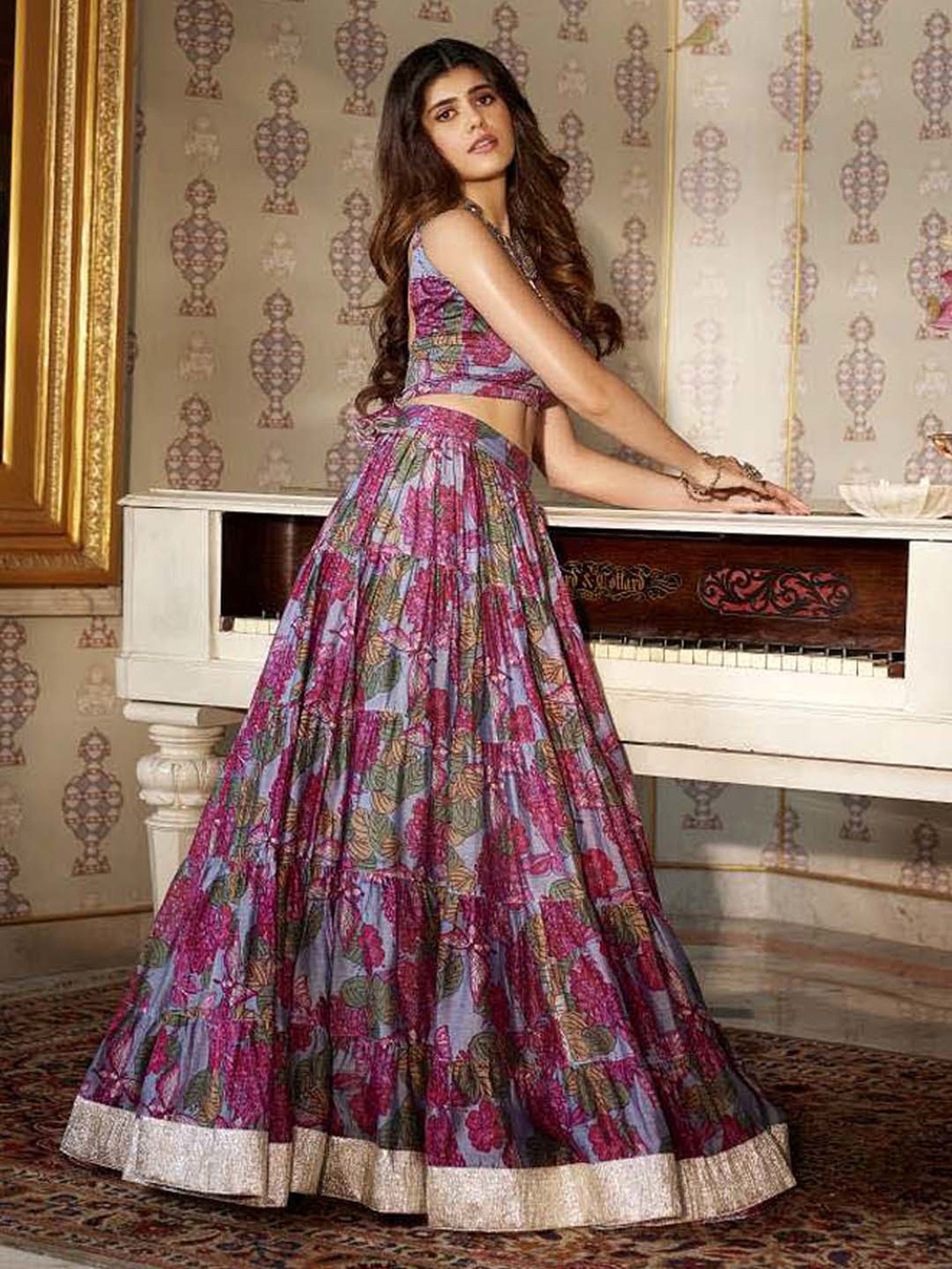 AACHHO Grey Floral Print Lehenga Choli Set With Dupatta