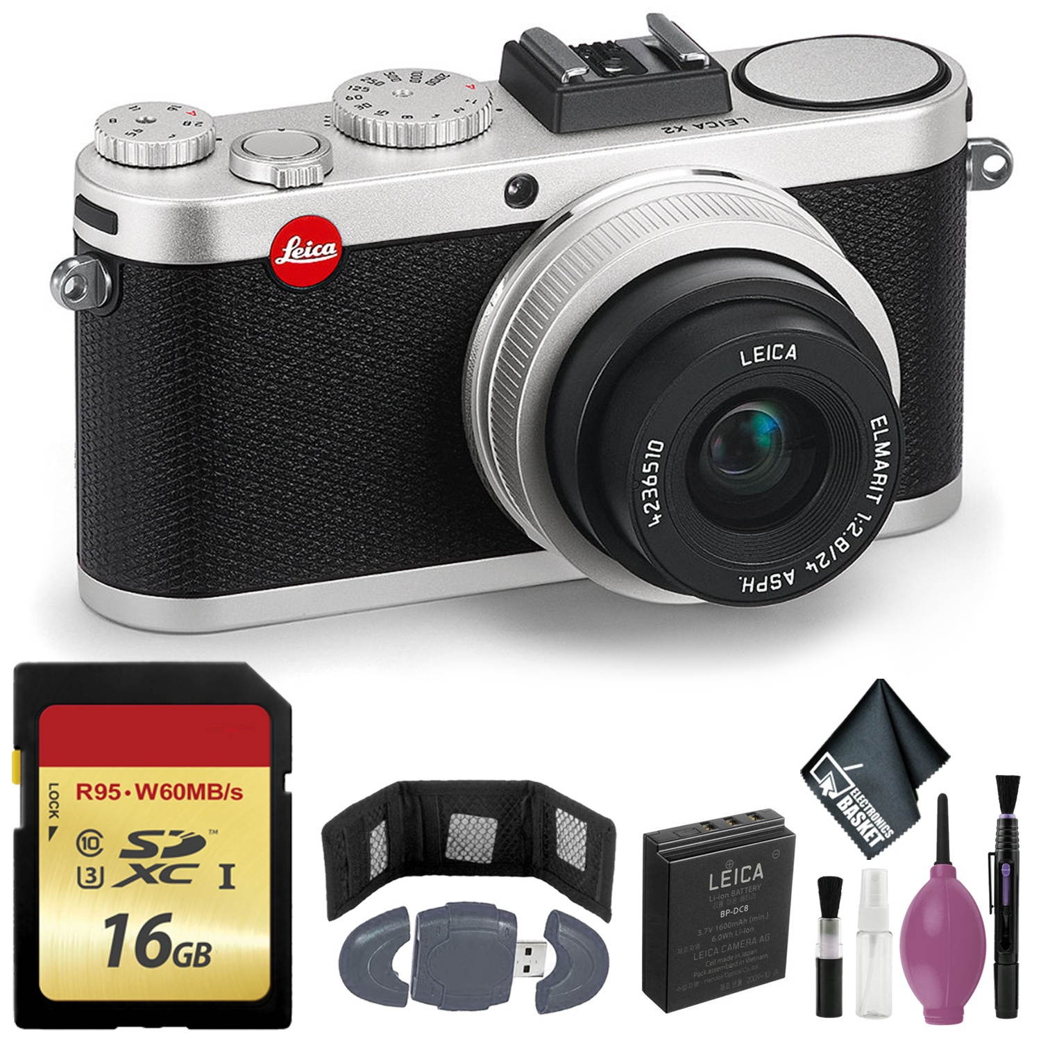 Leica X2 Digital Compact Camera With Elmarit 24mm f/2.8 ASPH Lens (Silver) - 16GB - Memory Card Wallet & Reader
