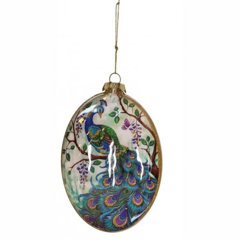 Mark Roberts Products 5" Regal Peacock Purple, Blue and Green Bird on Tree Branch Glass Disc Christmas Ornament