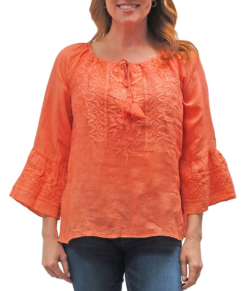 Karyn Seo Sonali Bell Sleeve Keyhole Jewel Neck Embroidered Top