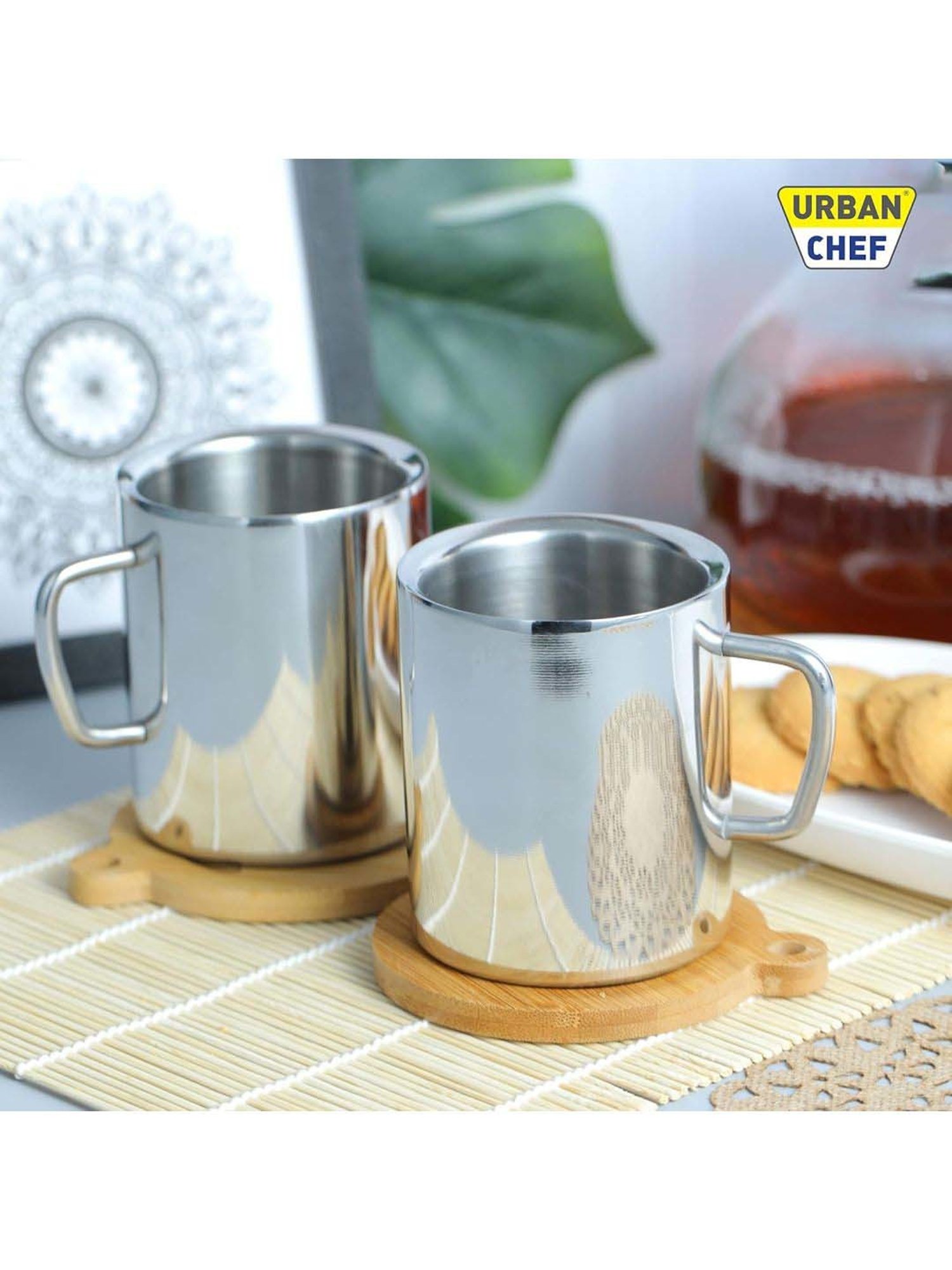 Urban Chef Silver Stainless Steel Sober Double Wall Big Coffee Mug - Set of 2
