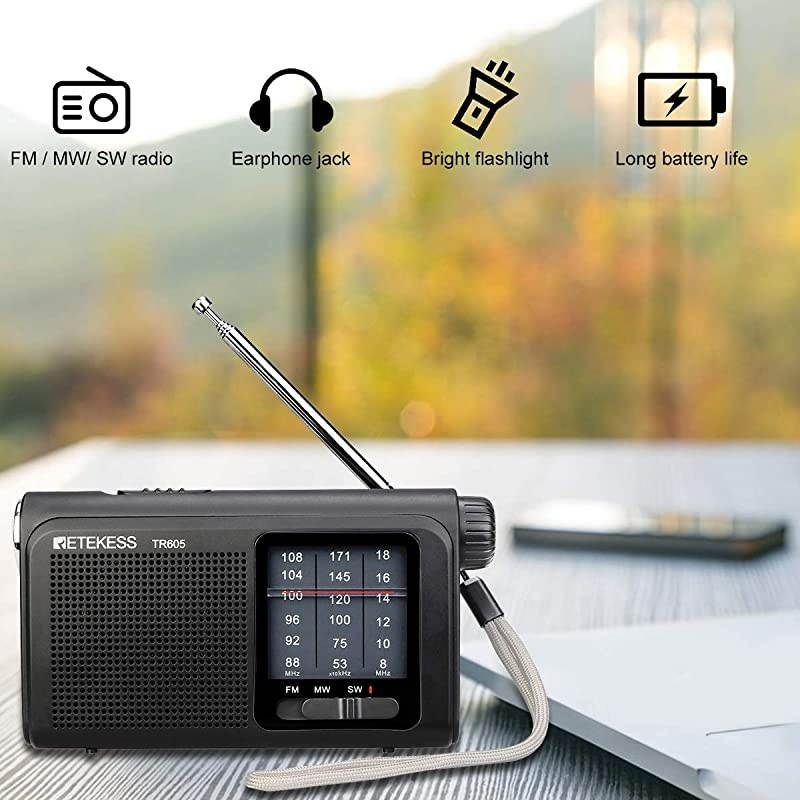 TR605 AM FM Radio Portable Transistor Radio Battery Operated Portable Shortwave Radio with LED Flashlight Earphone Jack for Bedroom Black