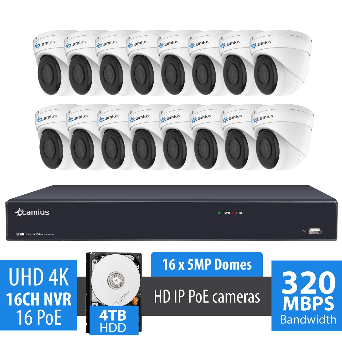 GW Security 16 Channel HD 1920p H.265 Security System with 8TB HDD, (15)* PoE 5MP HD 1920p 2.8-12mm Varifocal Weather Proof IP Cameras, and (1)* 20x Zoom 5MP HD 1920p IP PTZ (Pan-Tilt-Zoom) Camera