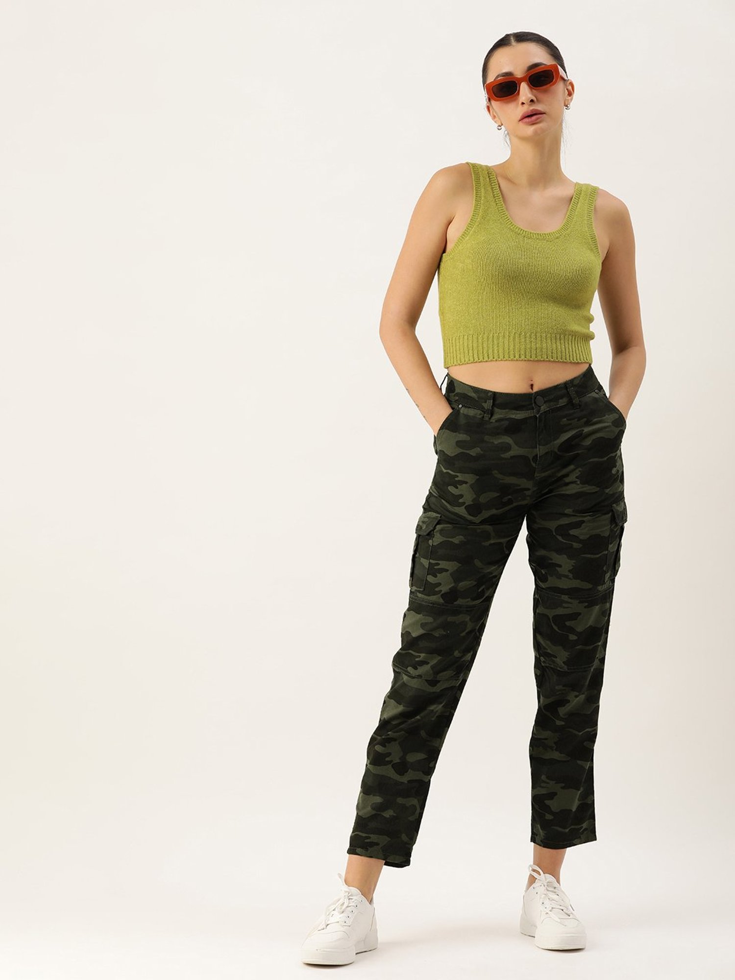 IVOC Olive Cotton Camo Print Slim Fit Mid Rise Cargo Pants