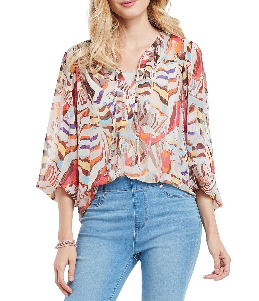 NIC + ZOE 3/4 Sleeve Split Banded Collar Zebra Swirl Blouse