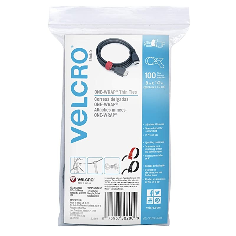 Cable Ties 100Pk 8 x 12 Red and Black Reusable Alternative to Zip Ties ONEWRAP Thin PreCut Cord Organization Straps Wire Management for Office or Home VEL30200AMS BlackRed