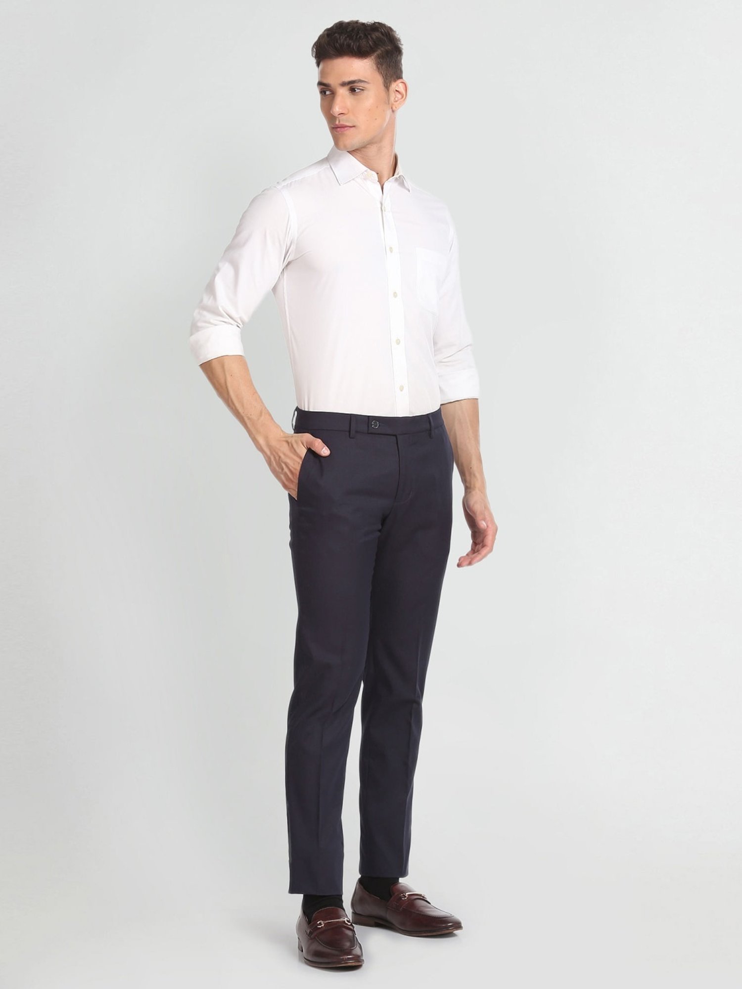 Arrow Navy Regular Fit Self Pattern Trousers