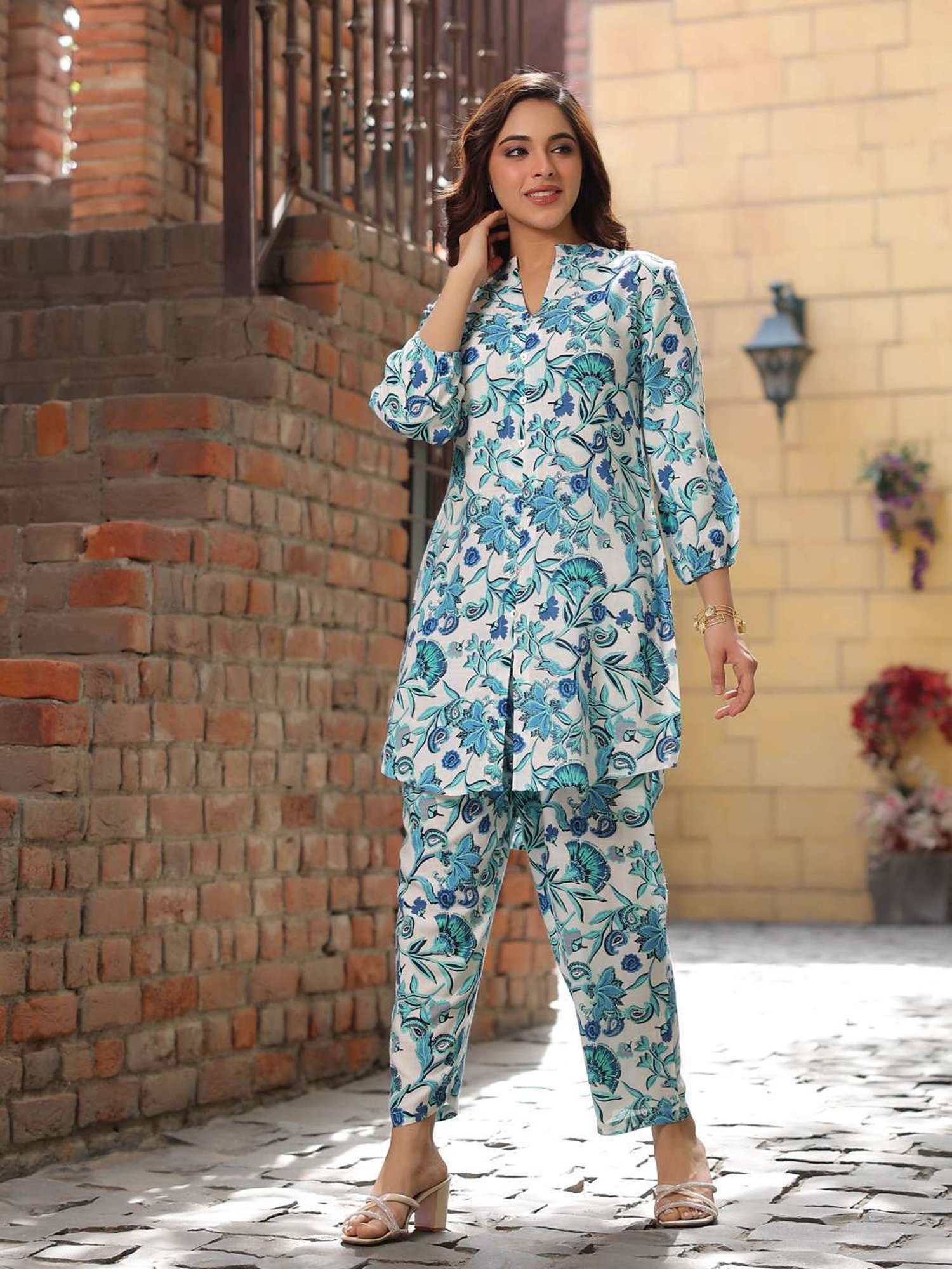 Rain and Rainbow White & Blue Floral Print Tunic & Pant Set