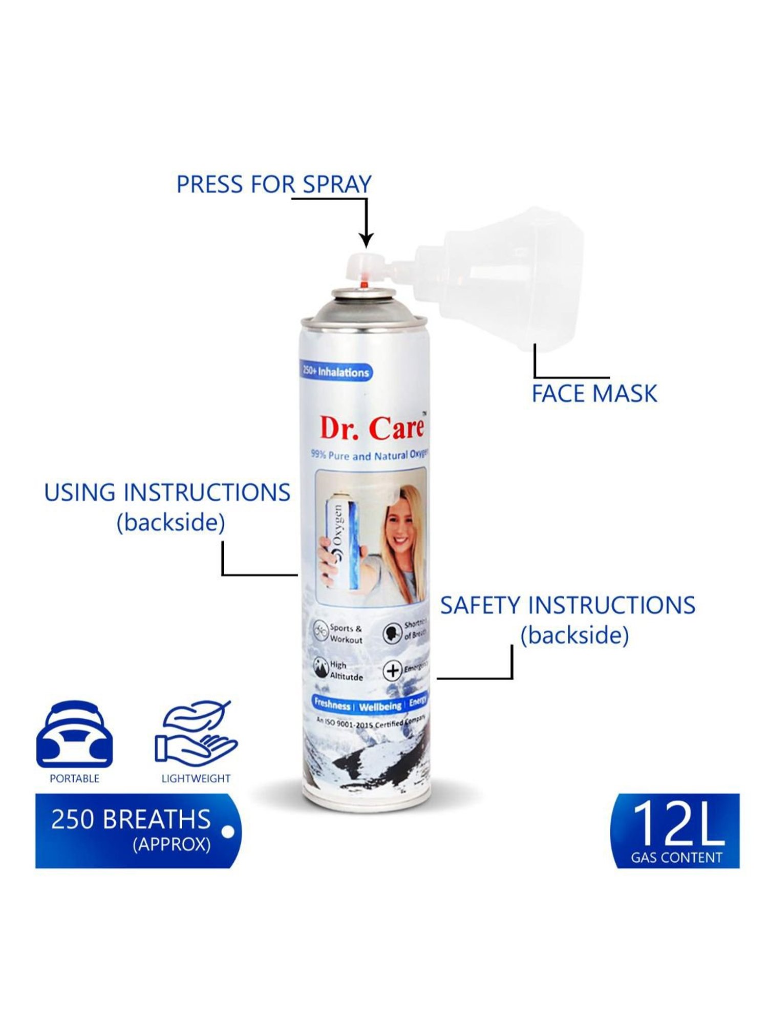 MCP Dr. Care 12L Portable Oxygen Can with Inbuilt Mask and Upto 250 Breaths