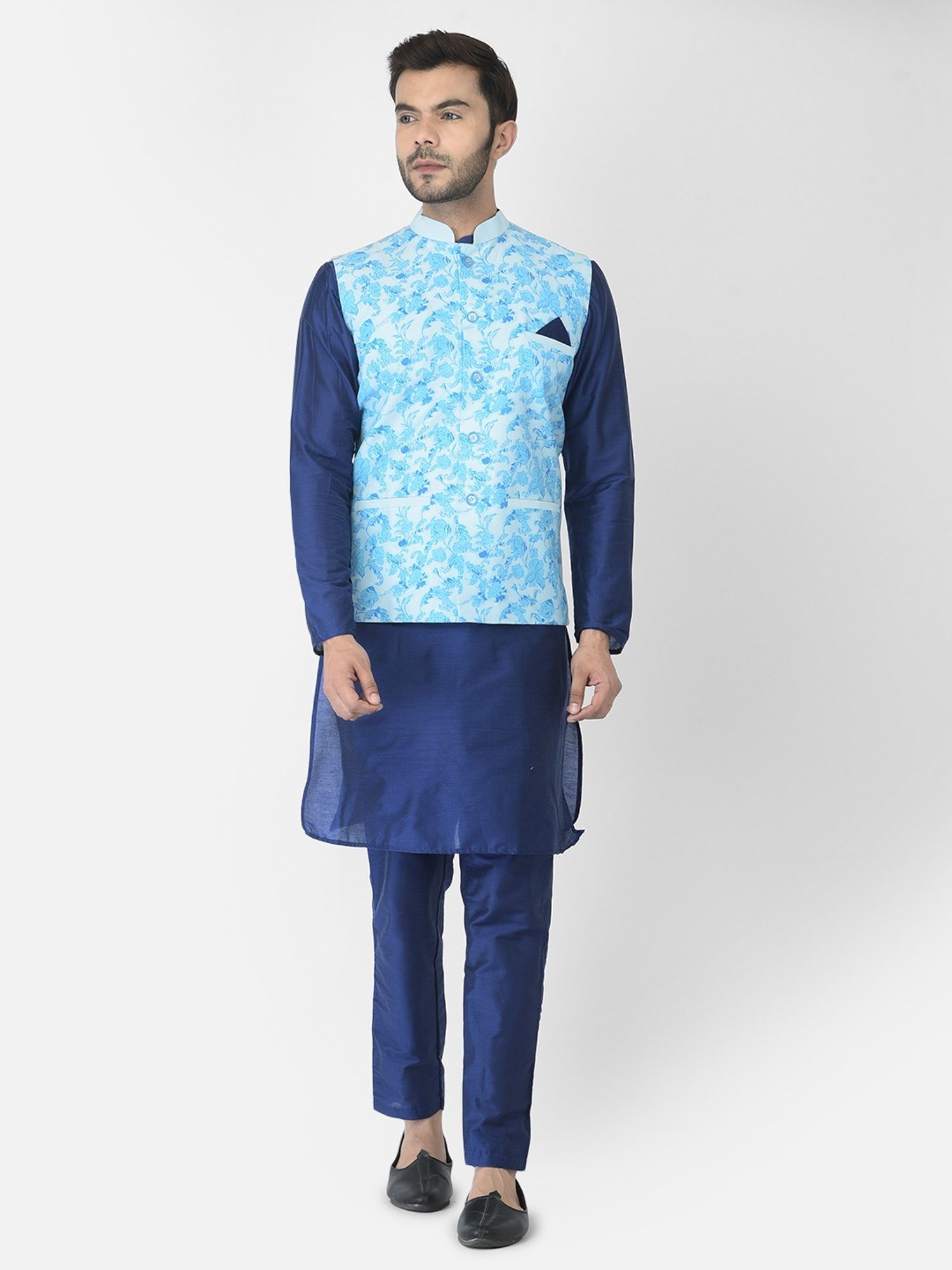 Deyann Navy & Blue Cotton Regular Fit Printed Kurta Set With Jacket