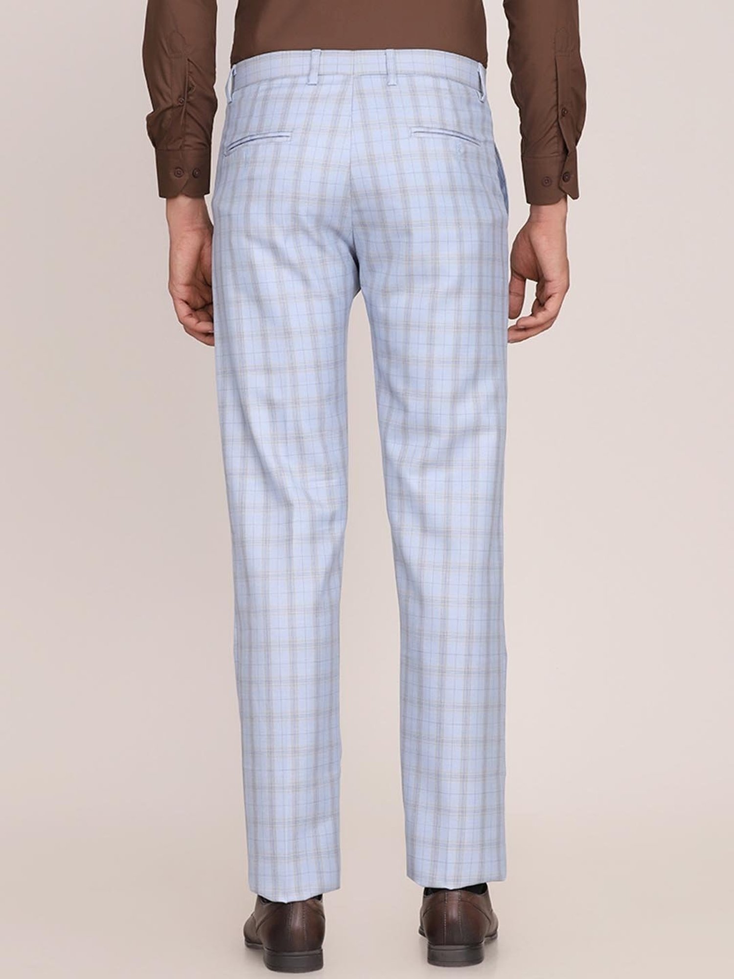 TAHVO Blue Cotton Regular Fit Checks Trousers