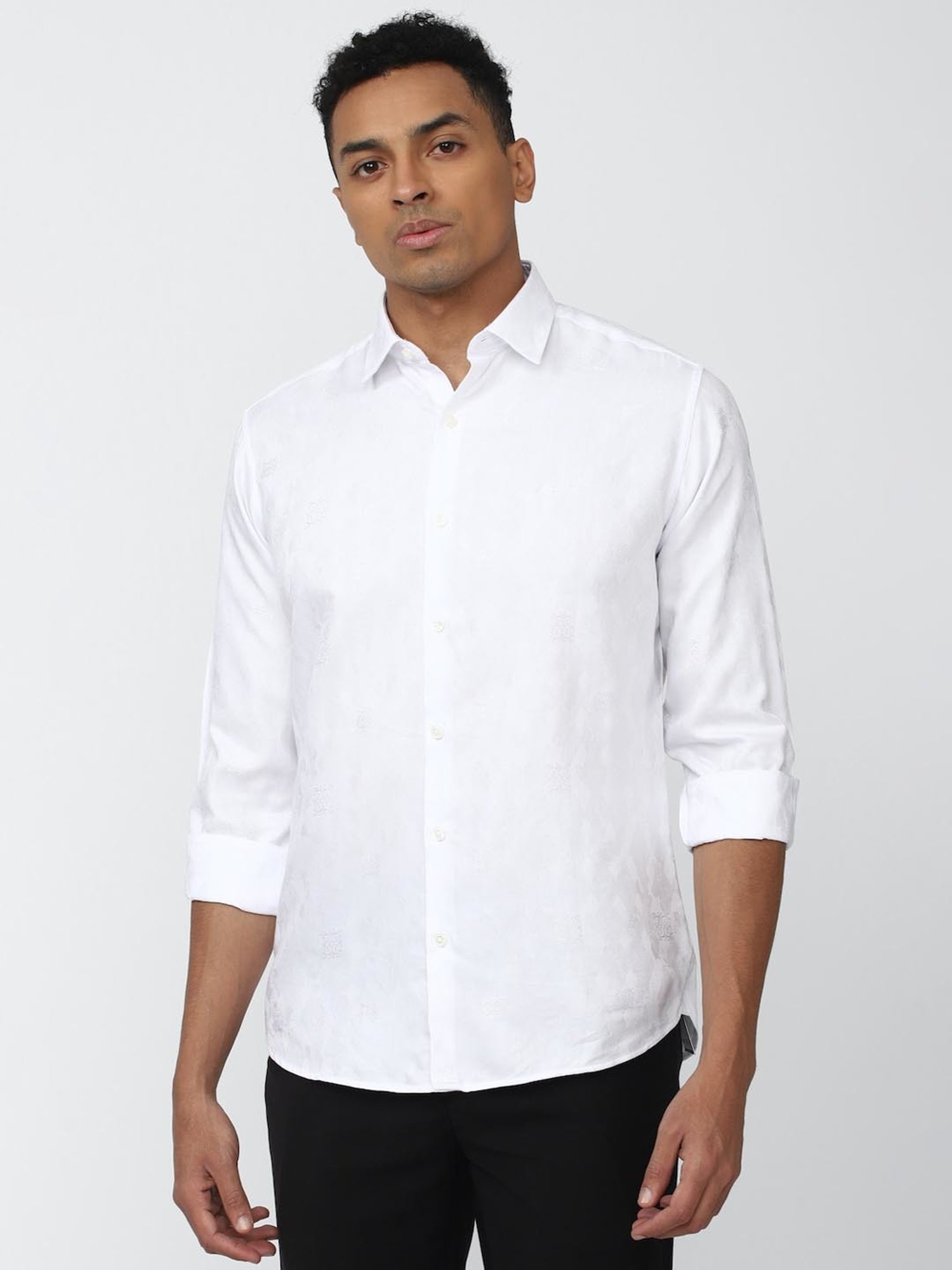 V Dot White Cotton Slim Fit Shirt