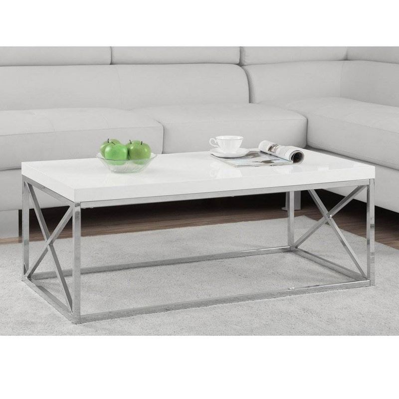 Monarch Glossy White Chrome Contemporary Living Room Coffee Table & End Table