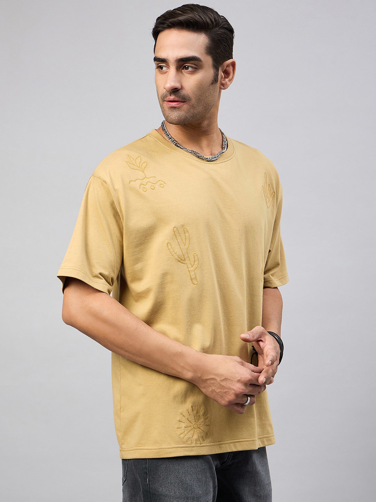 Club York Beige Regular Fit Embroidered Crew T-Shirt
