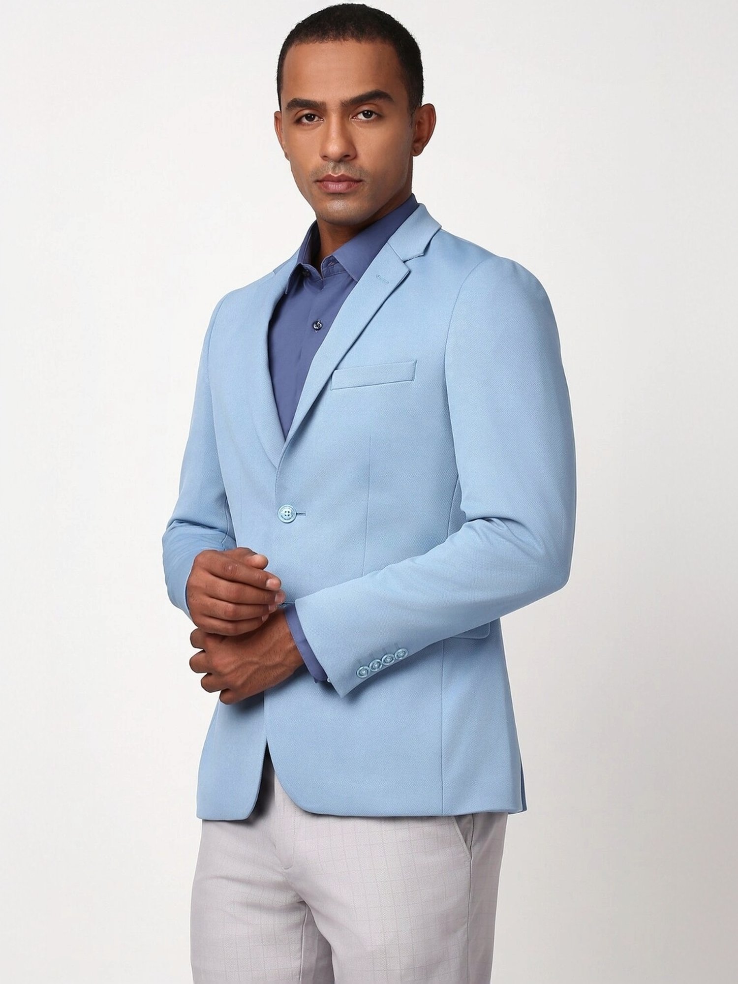 Peter England Blue Cotton Slim Fit Self Pattern Blazer