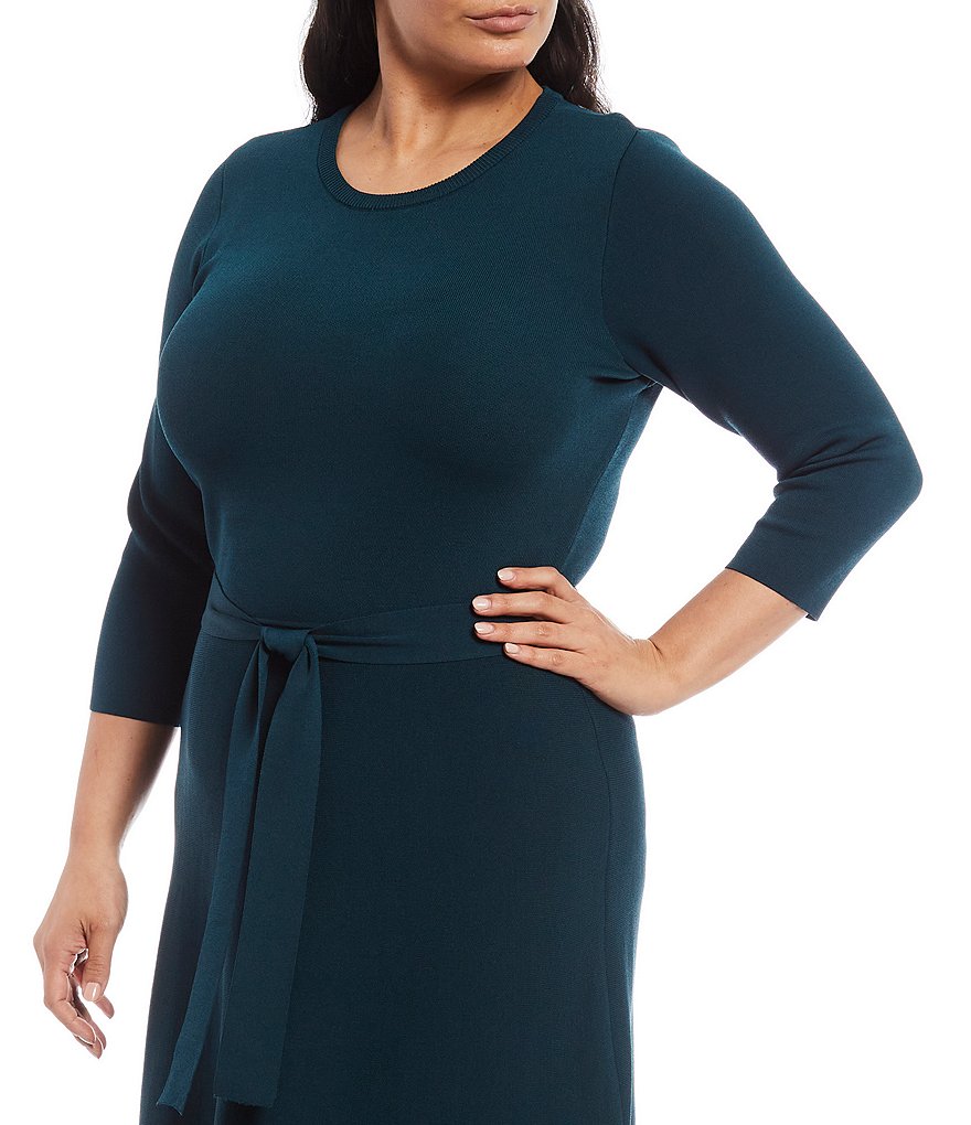 Eliza J Plus Size Crew Neck 3/4 Sleeve Tie Waist Slick Knit A-Line Midi Dress