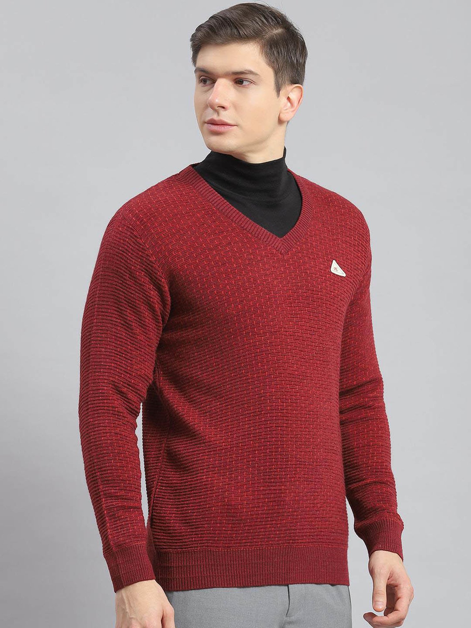 Monte Carlo Mix Maroon Regular Fit Self Pattern Sweater
