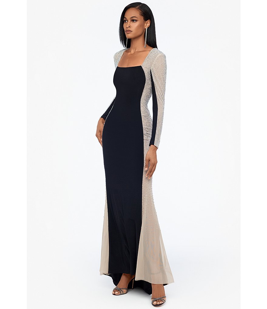 Xscape Caviar Beaded Mesh Panel Long Sleeve Contrast Matte Jersey Square Neck Mermaid Gown