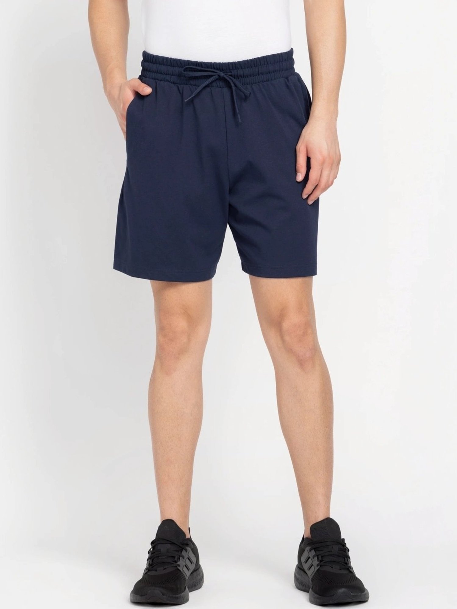 Adidas Blue Cotton Regular Fit Logo Printed Sports Shorts