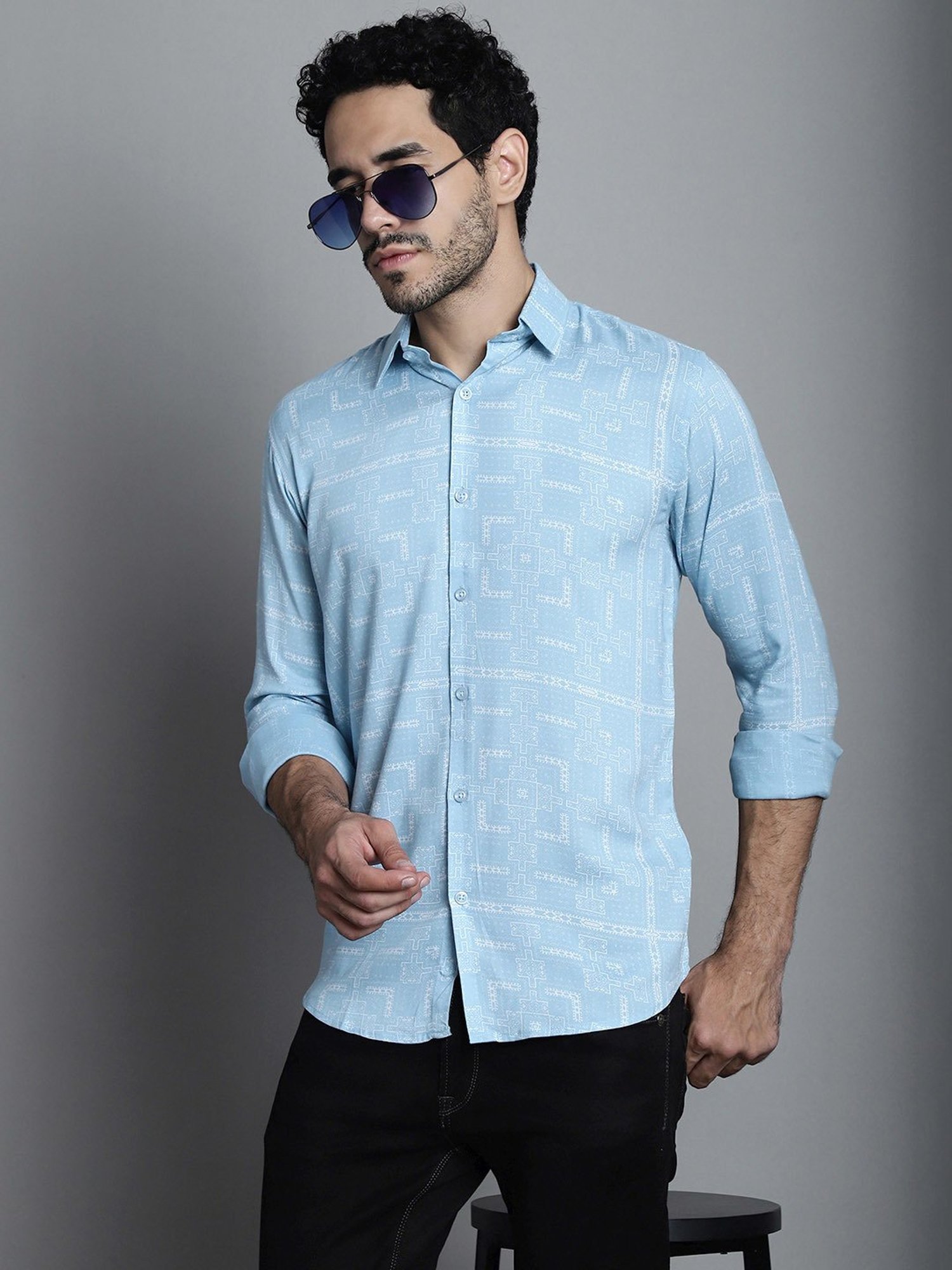 Jainish Sky Blue Regular Fit Geometric Print Shirt
