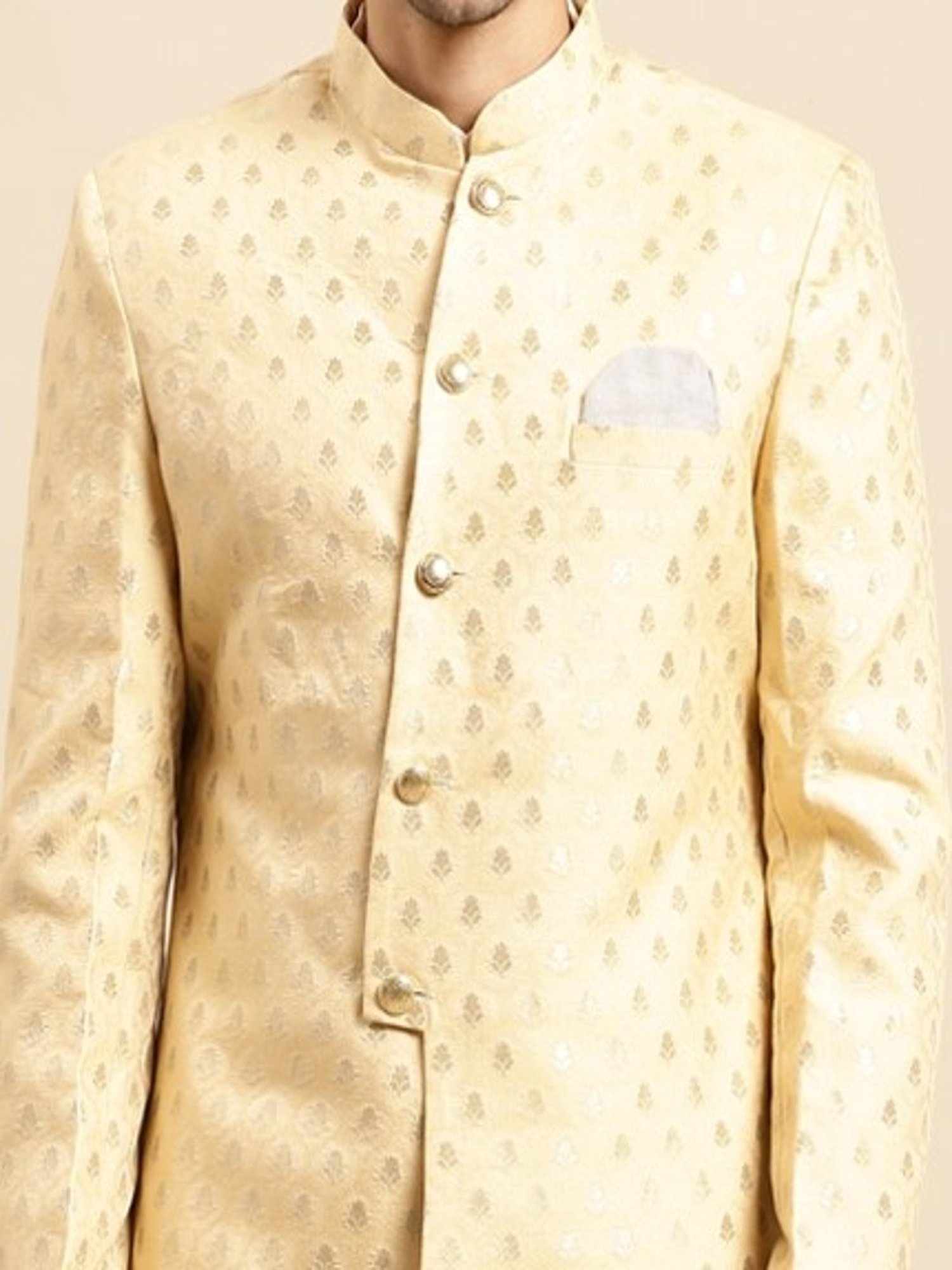 Hangup Plus Beige & Black Regular Fit Printed Sherwani Set