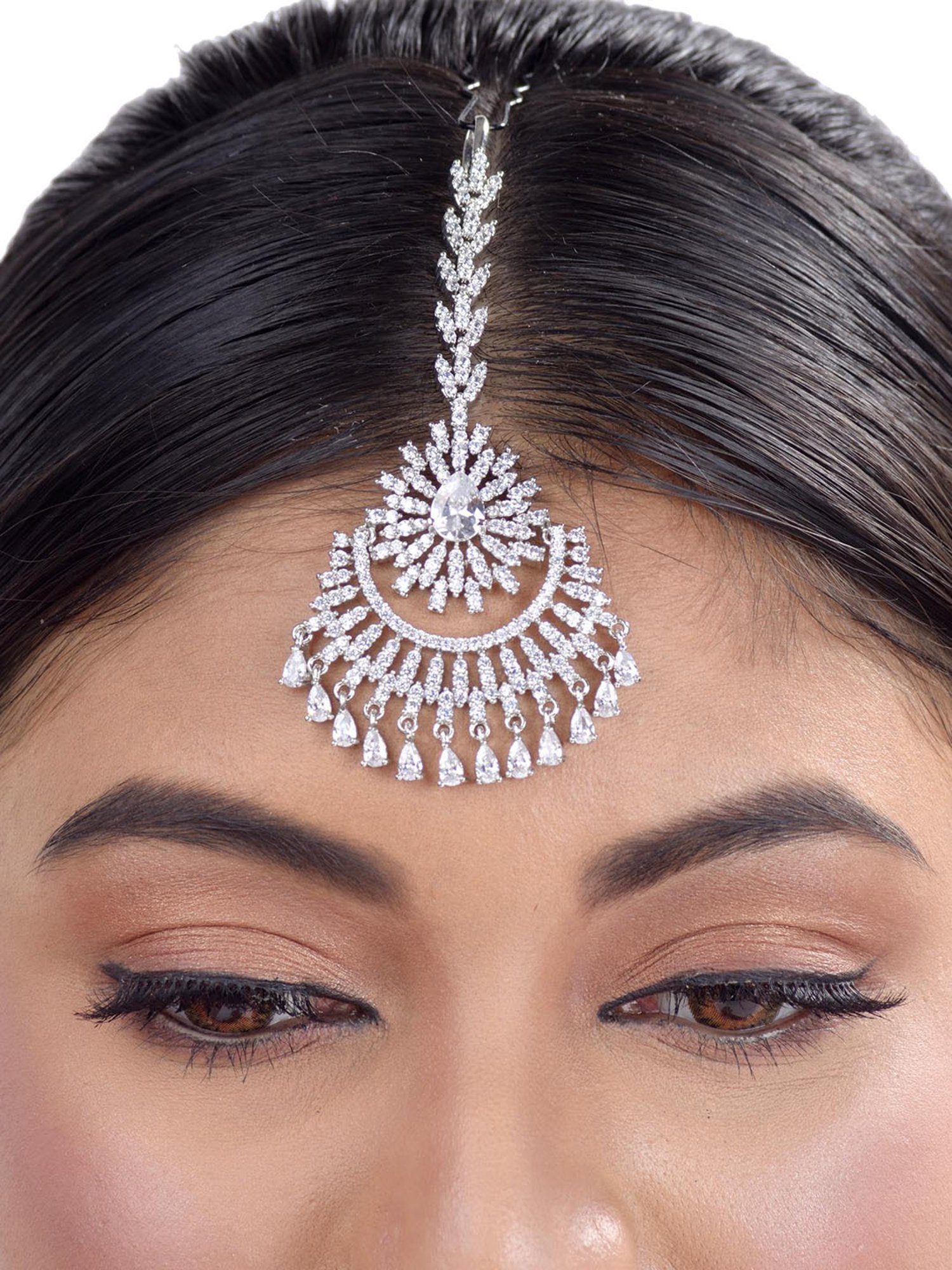 Saraf Rs Jewellery Chandbali Style Diamond Maang Tikka Silver Plated & Ad Studded For Women & Girls