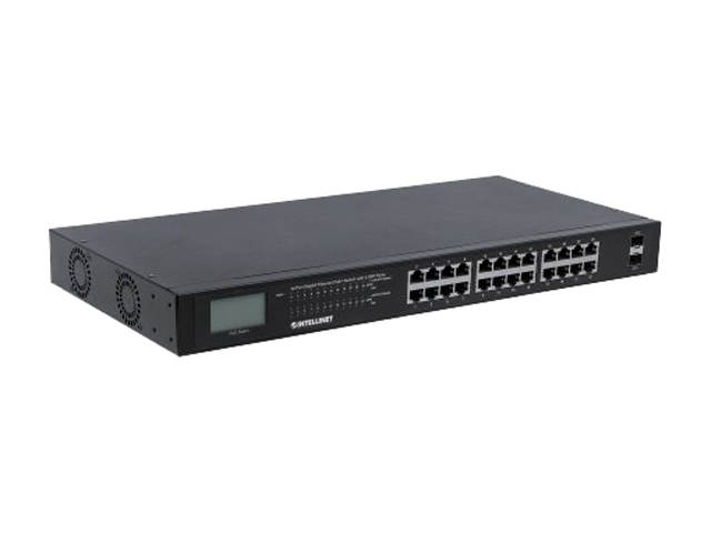 Intellinet Network Solutions 24-Port Gigabit Ethernet PoE+ Switch with 2 SFP Ports and LCD Screen (561242)