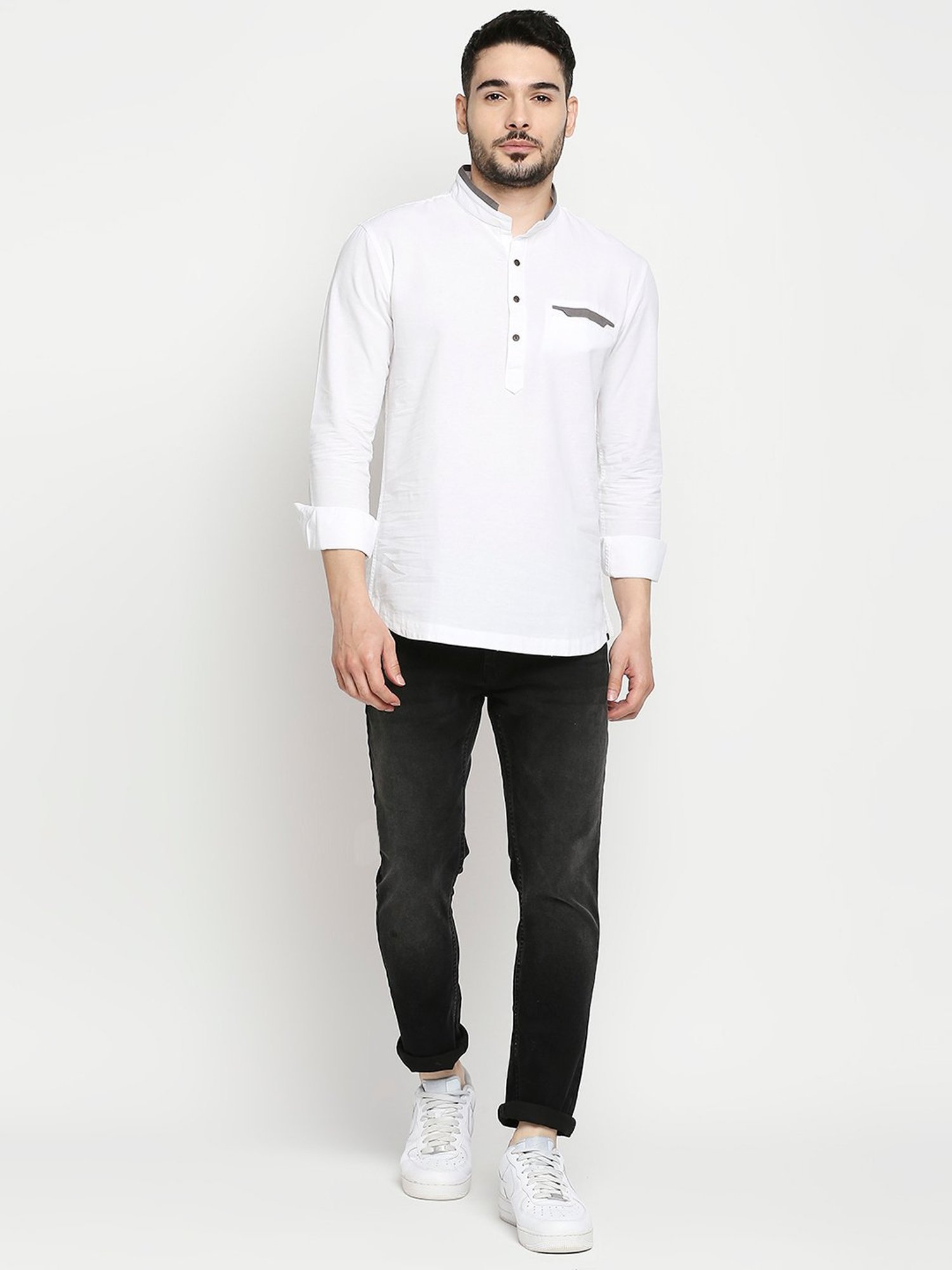 Spykar White Slim Fit Mandarin Collar Short Kurta
