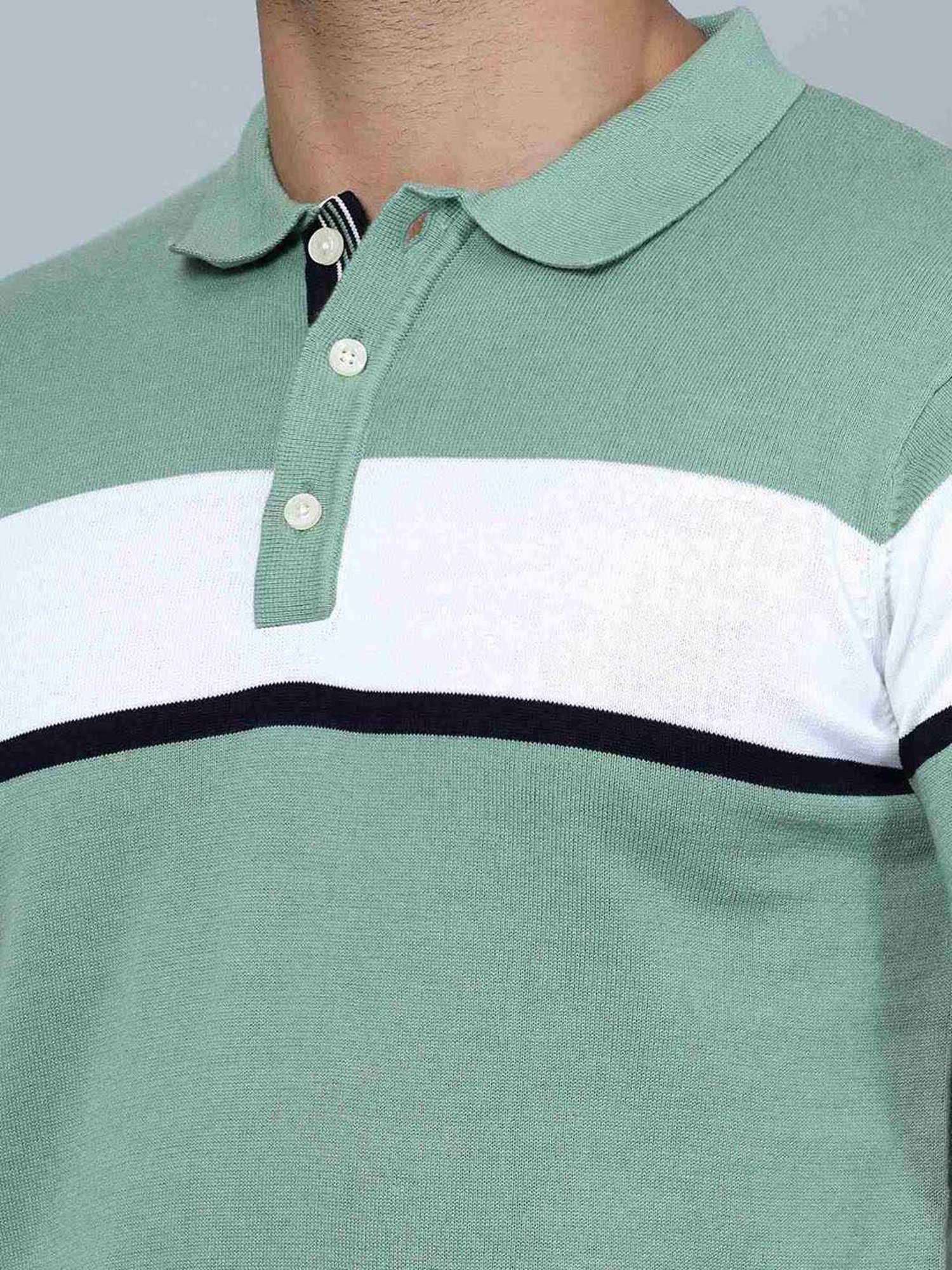 Cantabil Light Green Cotton Regular Fit Striped Polo T-Shirt