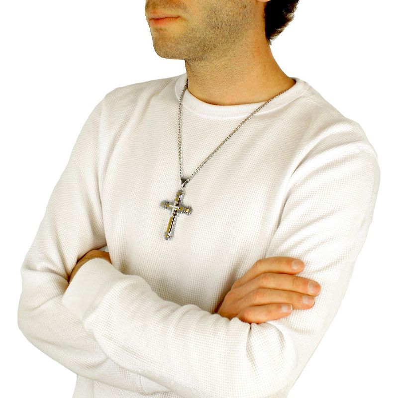 Crucible Men's Cubic Zirconia Two-Tone Stainless Steel Multi-layer Cross Necklace