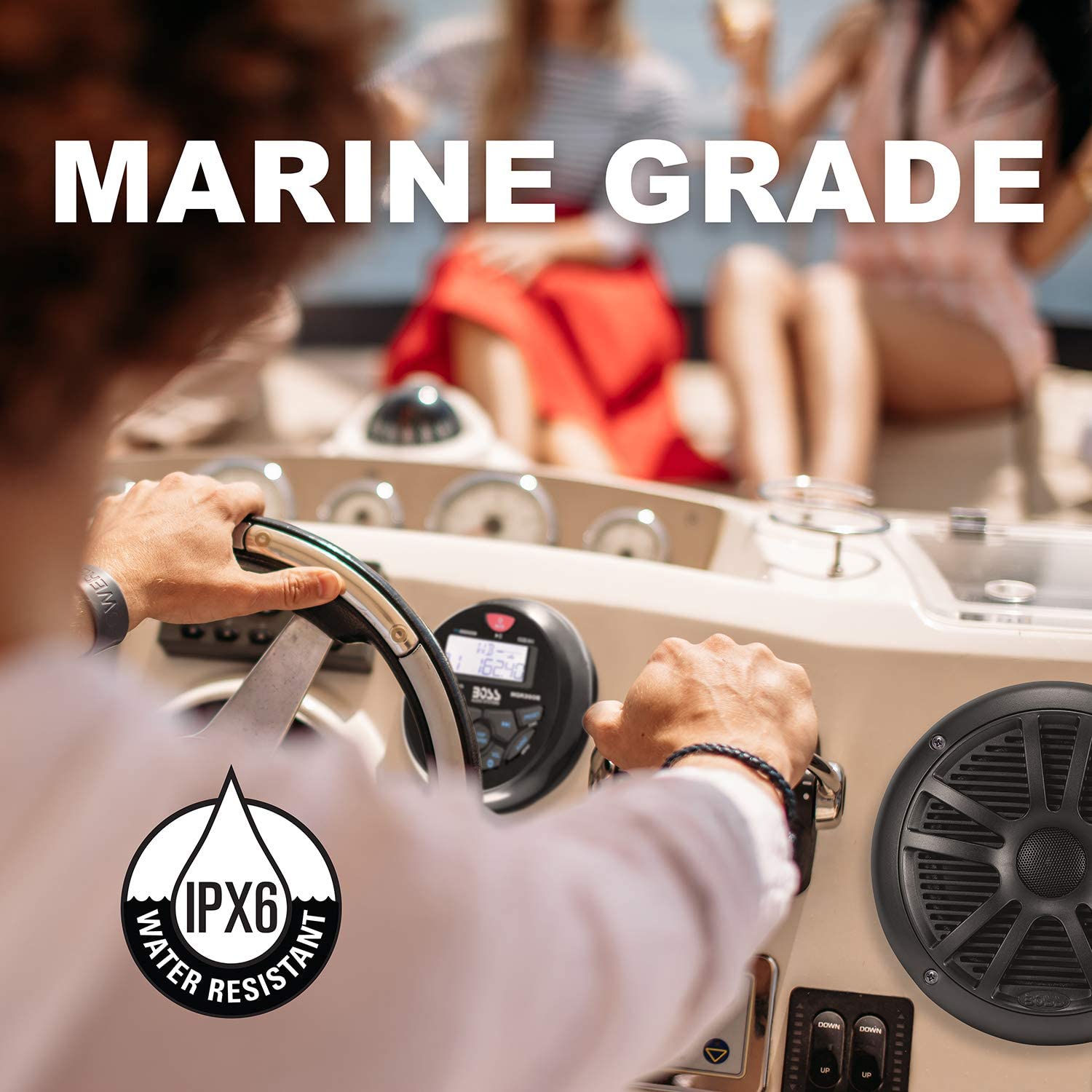 Boss Audio Systems - MCKGB350B.6 - BOSS AUDIO MCKGB350B.6 Marine Package Includes MGR350B In-Dash Gauge AM/FM Digital Media Receiver with Bluetooth, One Pair of 6.5 inch MR6B Marine Speakers, MRANT10