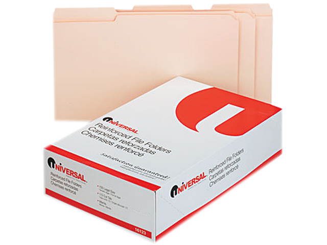 Universal File Folders, 1/3 Cut Assorted, Two-Ply Top Tab, Legal, Manila, 100/Box