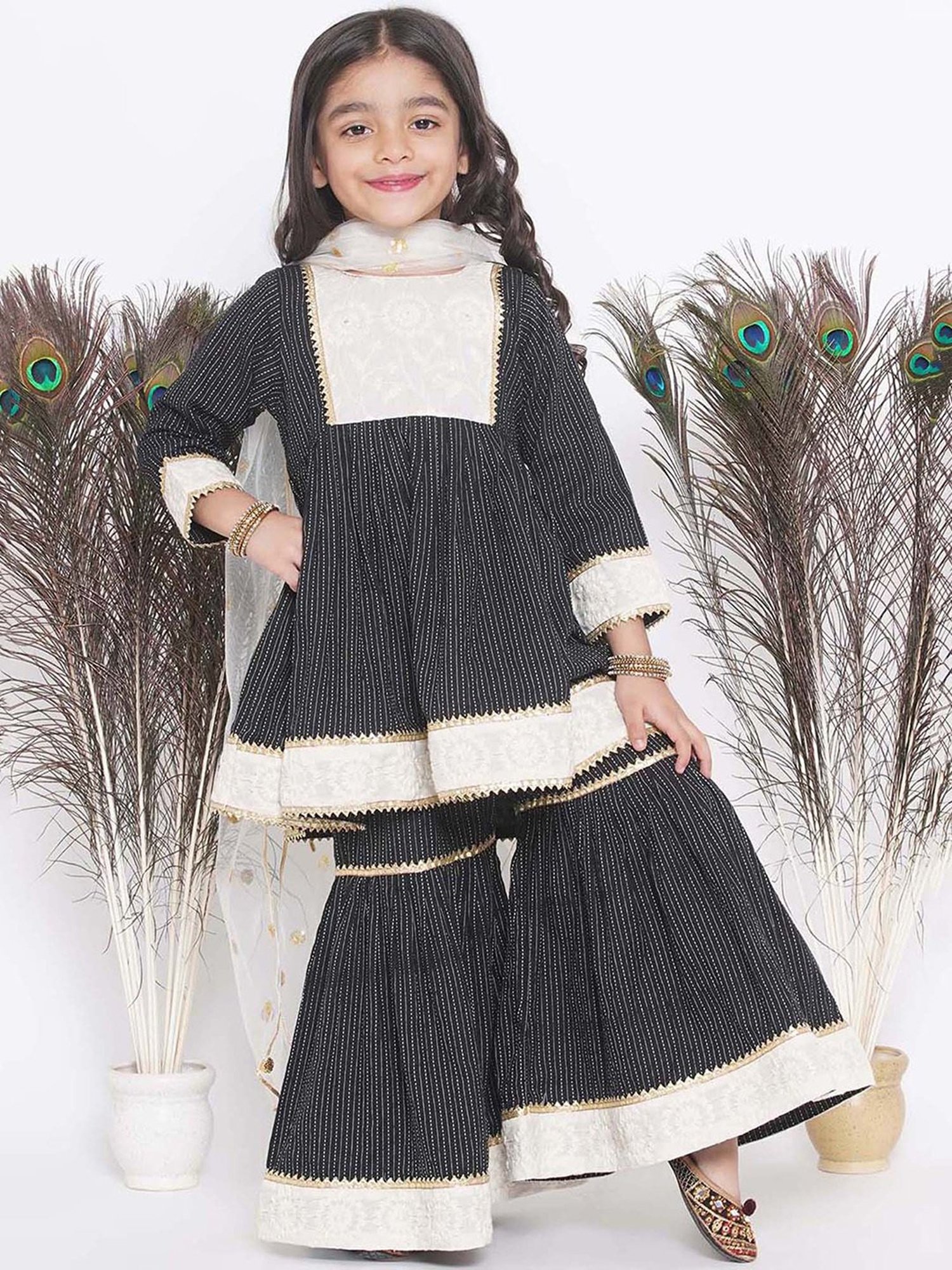 Little Bansi Kids Black & White Embroidered Kurta, Sharara, with Dupatta