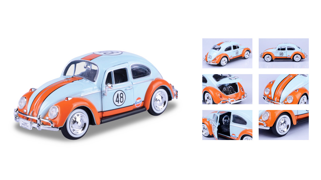 1966 Volkswagen Beetle #48 with "Gulf" Livery Light Blue with Orange Stripe 1/24 Diecast Model Car by Motormax