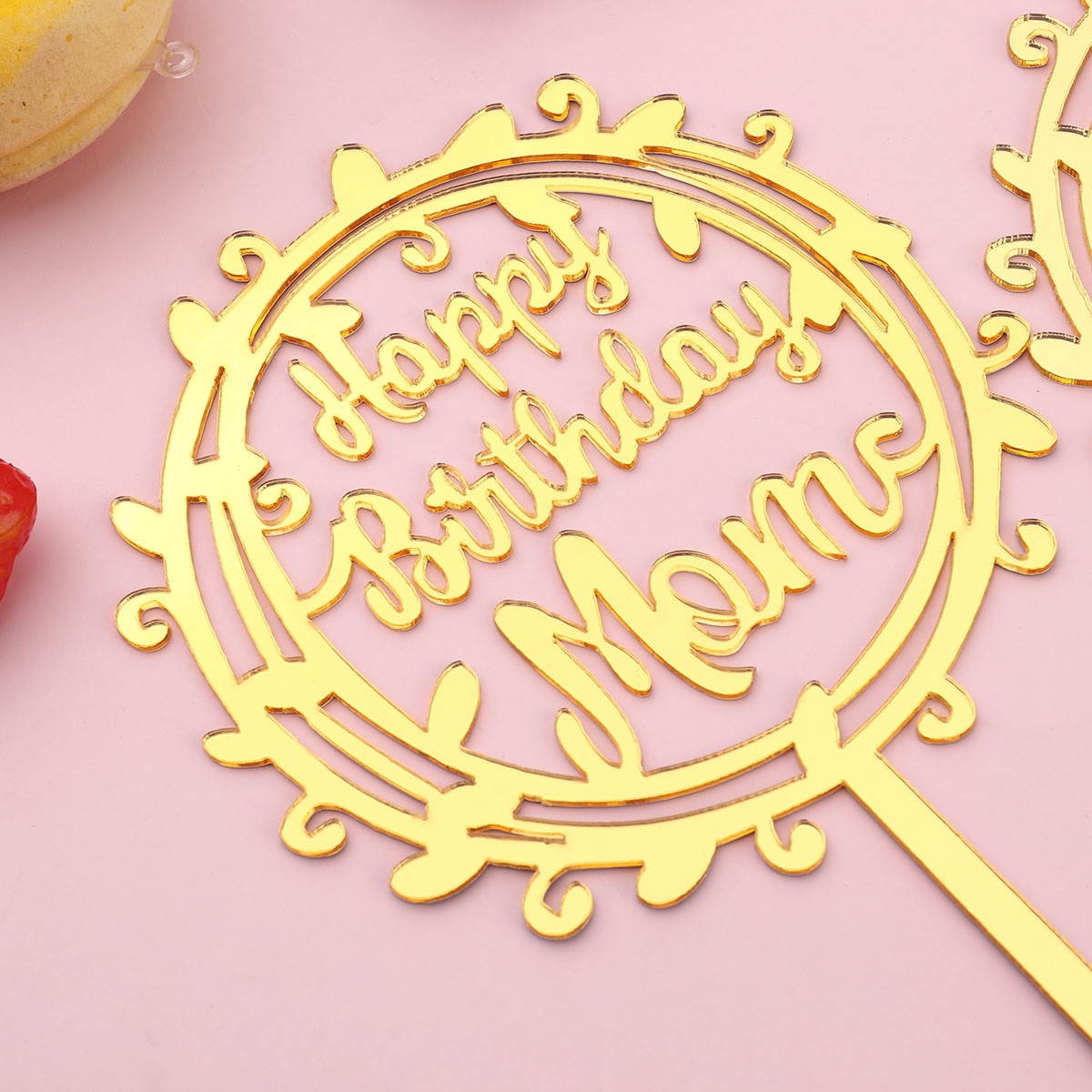 6pcs Glitter Paper Cake Toppers Letter Printing Cake Picks DIY Cake Decoration Mothers Day Dessert Insert Party Favor for Decoration (Golden)