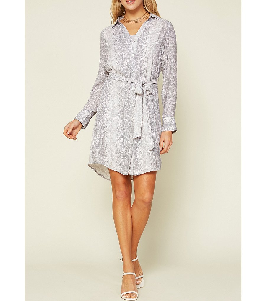 Skies Are Blue Snake Print Notch Collar Button front Shirt Dress