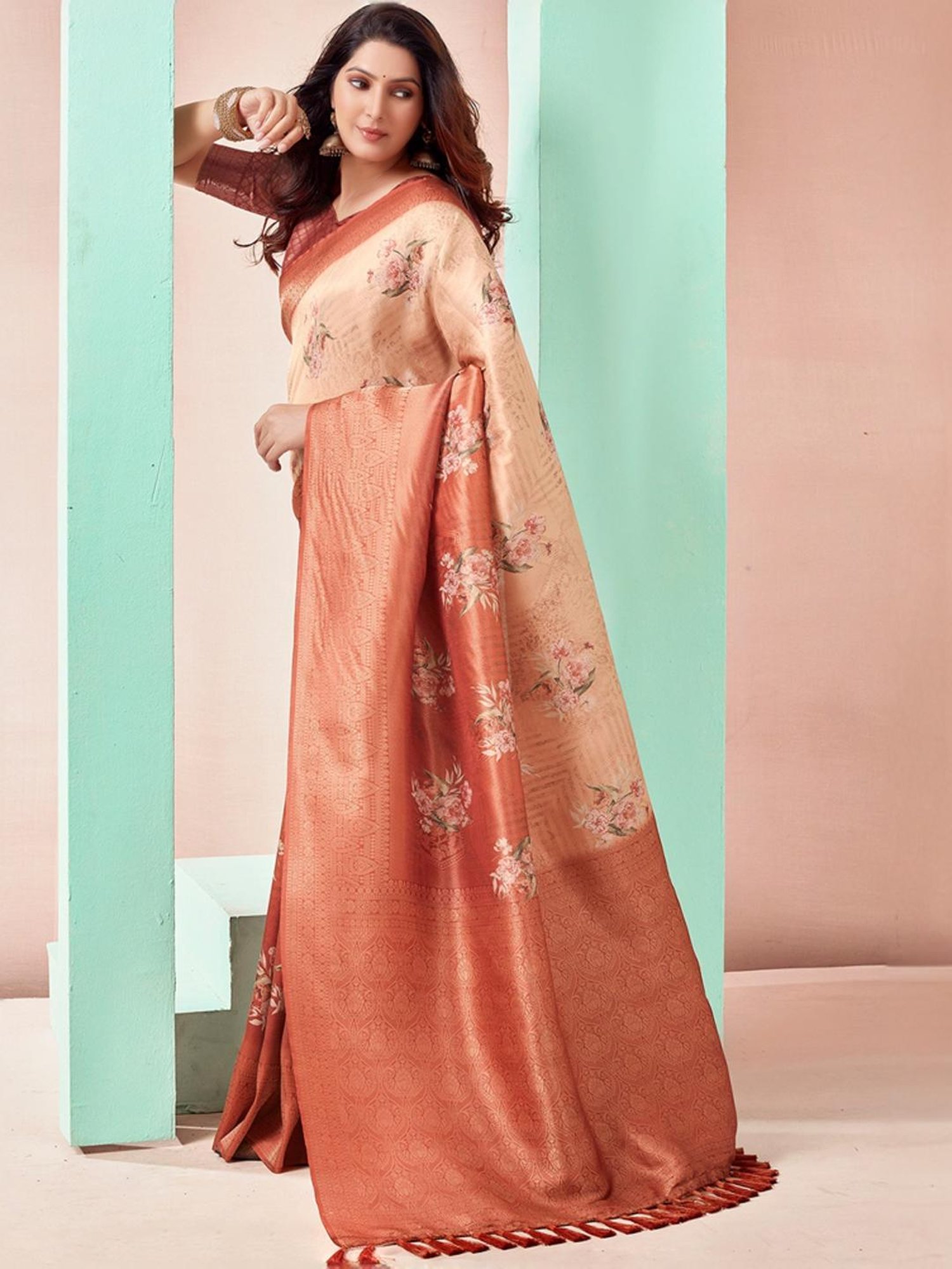 Satrani Beige & Rust Woven Saree With Unstitched Blouse