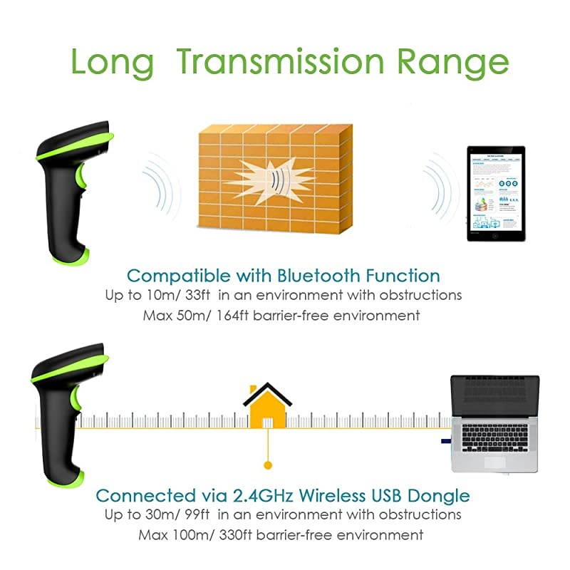 2D Wireless Barcode Scanner with Stand Compatible with Bluetooth 24G Wireless Wired Connection Cordless QR Code Scanner USB Image Bar Code Reader for Computer Tablet iPhone iPad Android