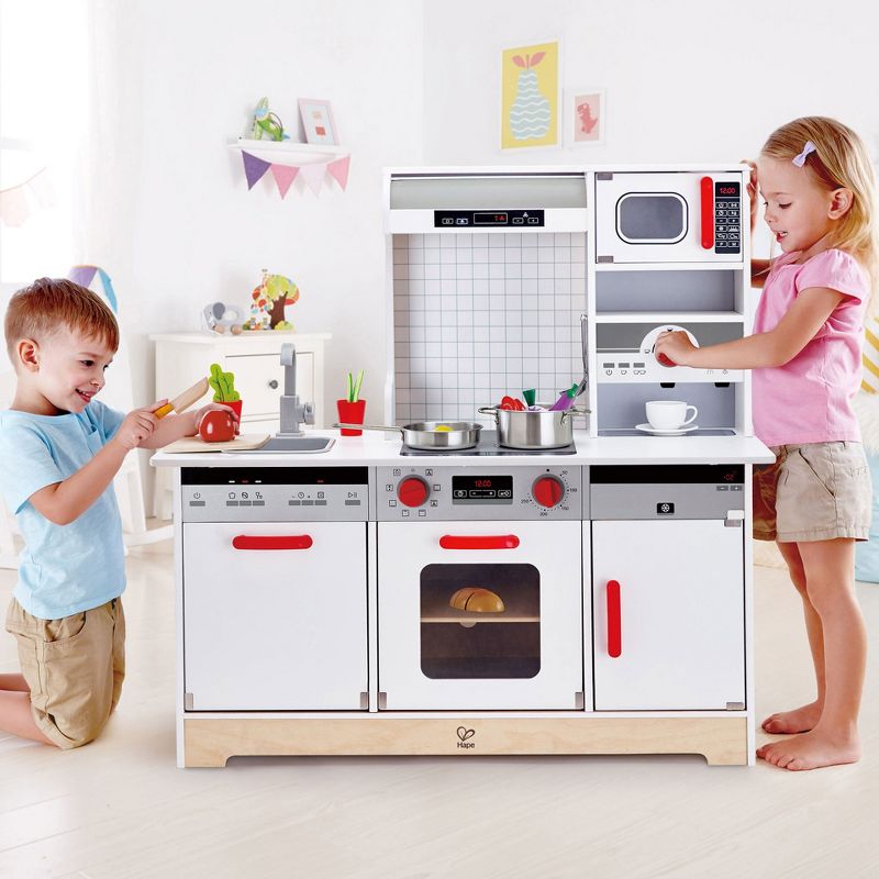 Hape E3145 All In 1 Kids Toddler Wooden Pretend Play Kitchen Set with Oven, Stove, Sink, Microwave, Coffee Maker, Dish Washer, Fridge and Accessories