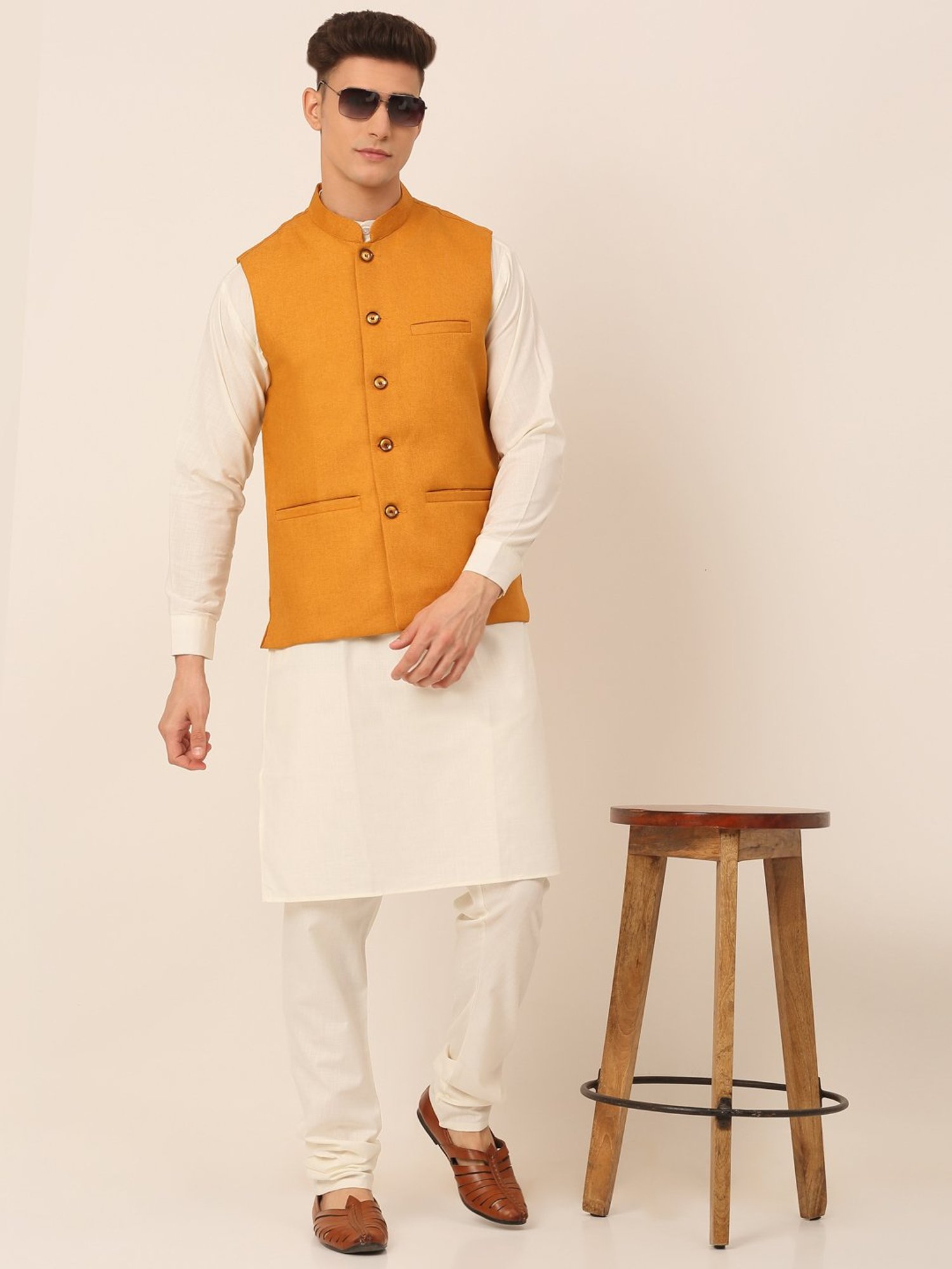 Jompers Yellow Regular Fit Nehru Jackets