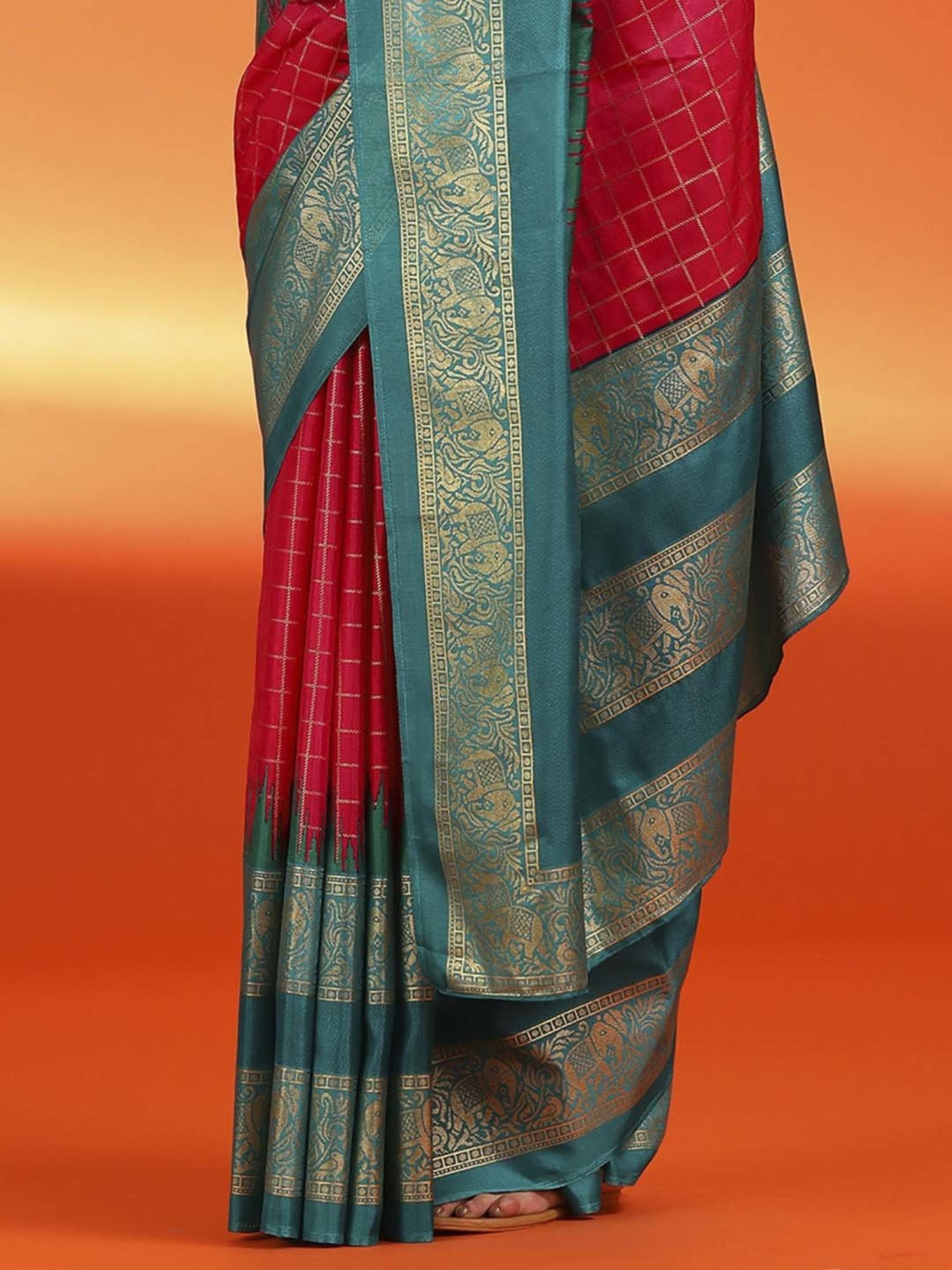 Saree Mall Pink & Blue Silk Printed Saree With Unstitched Blouse