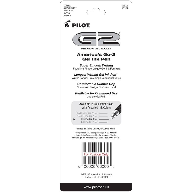 Pilot 3ct G2 Premium Retractable Gel Pens Fine Point 0.7mm Red