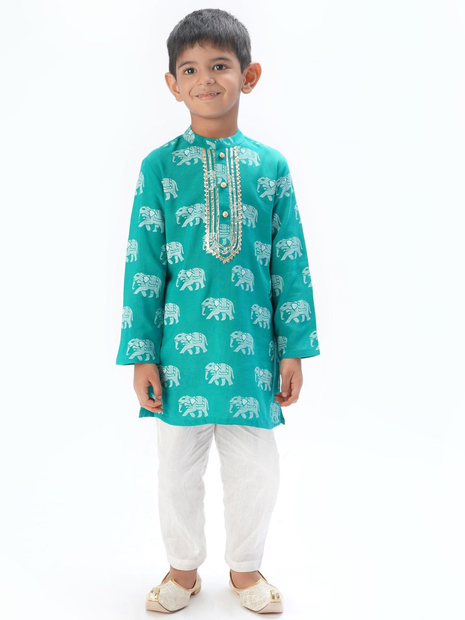 Lil Drama Kids Turquoise & White Printed Full Sleeves Kurta with Pants